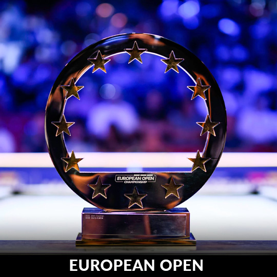 European Open Pool Championship trophy displayed on a table following the 2026 tournament victory by Moritz Neuhausen.